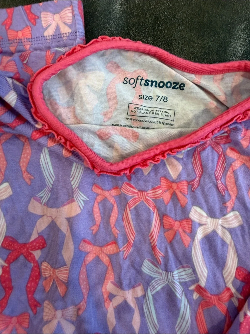 RuffleButts SoftSnooze Girls Bow Pajamas Purple Pink 7/8
